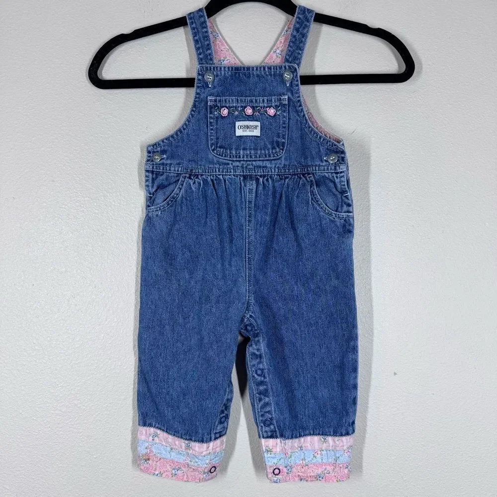 Oshkosh Vintage Baby Girl Rose Floral Denim Bib Overalls Patchwork Quilt 18 Mo